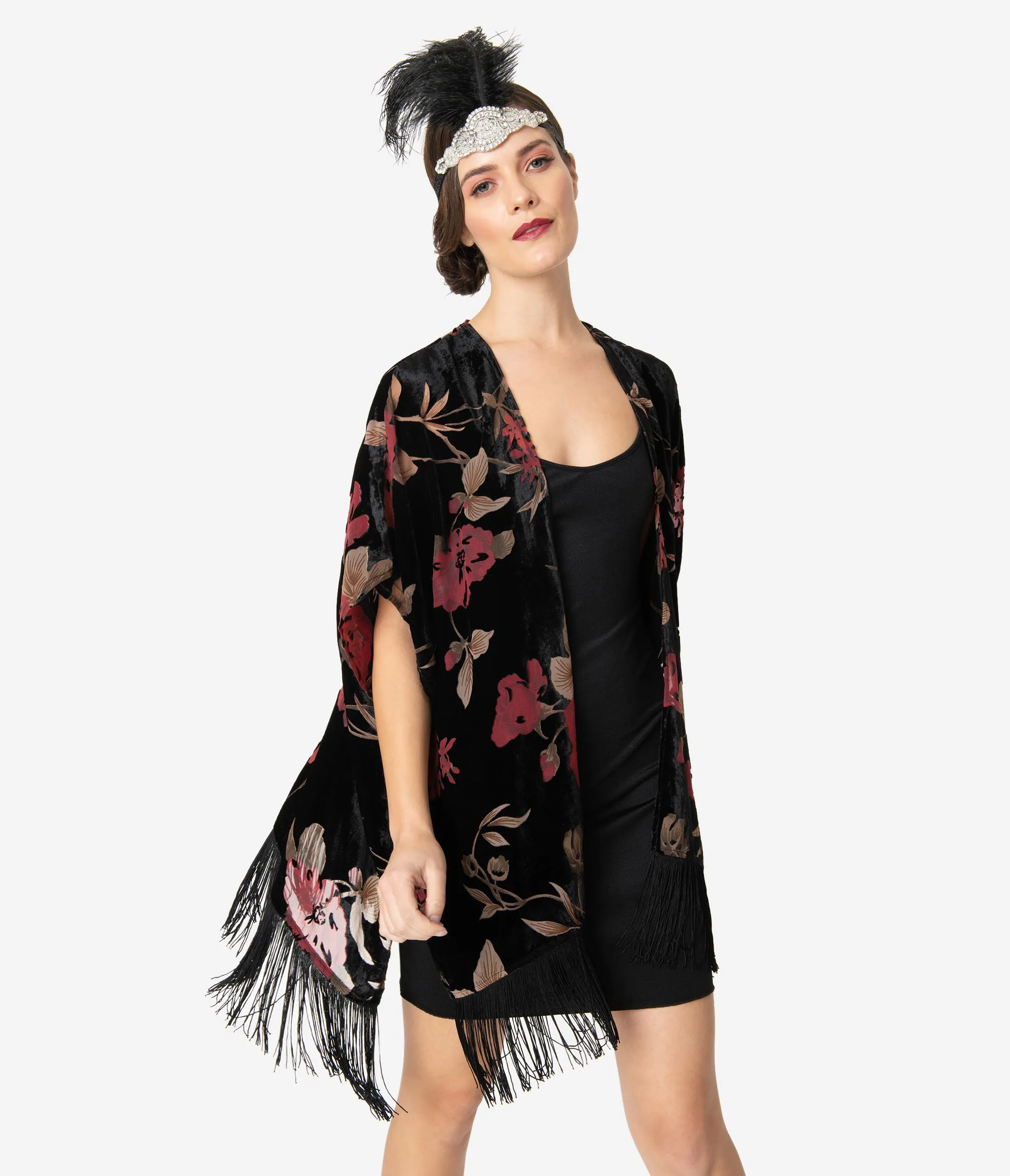 Black & Red Floral Devore Velvet Kimono