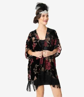 Black & Red Floral Devore Velvet Kimono