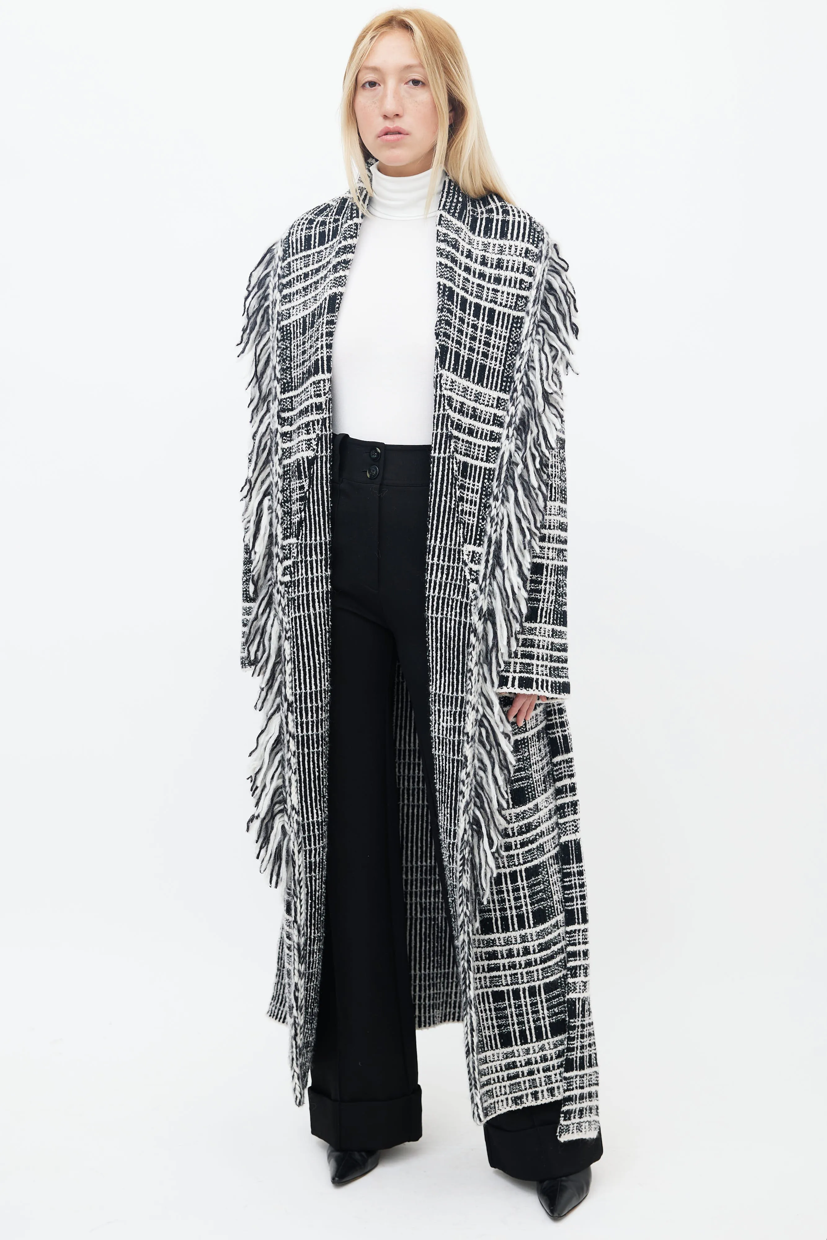 Black & White Tweed Fringe Belted Coat