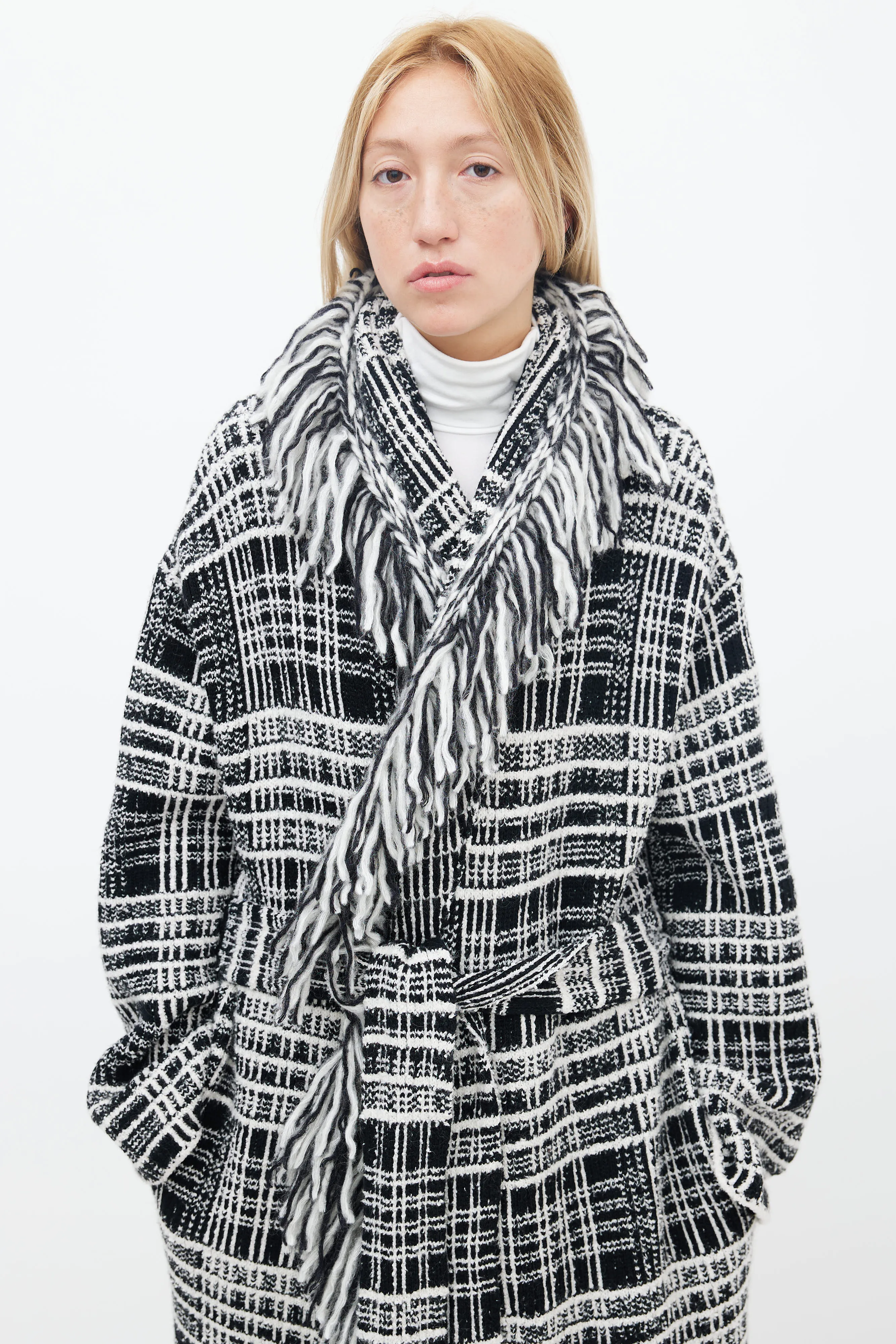 Black & White Tweed Fringe Belted Coat