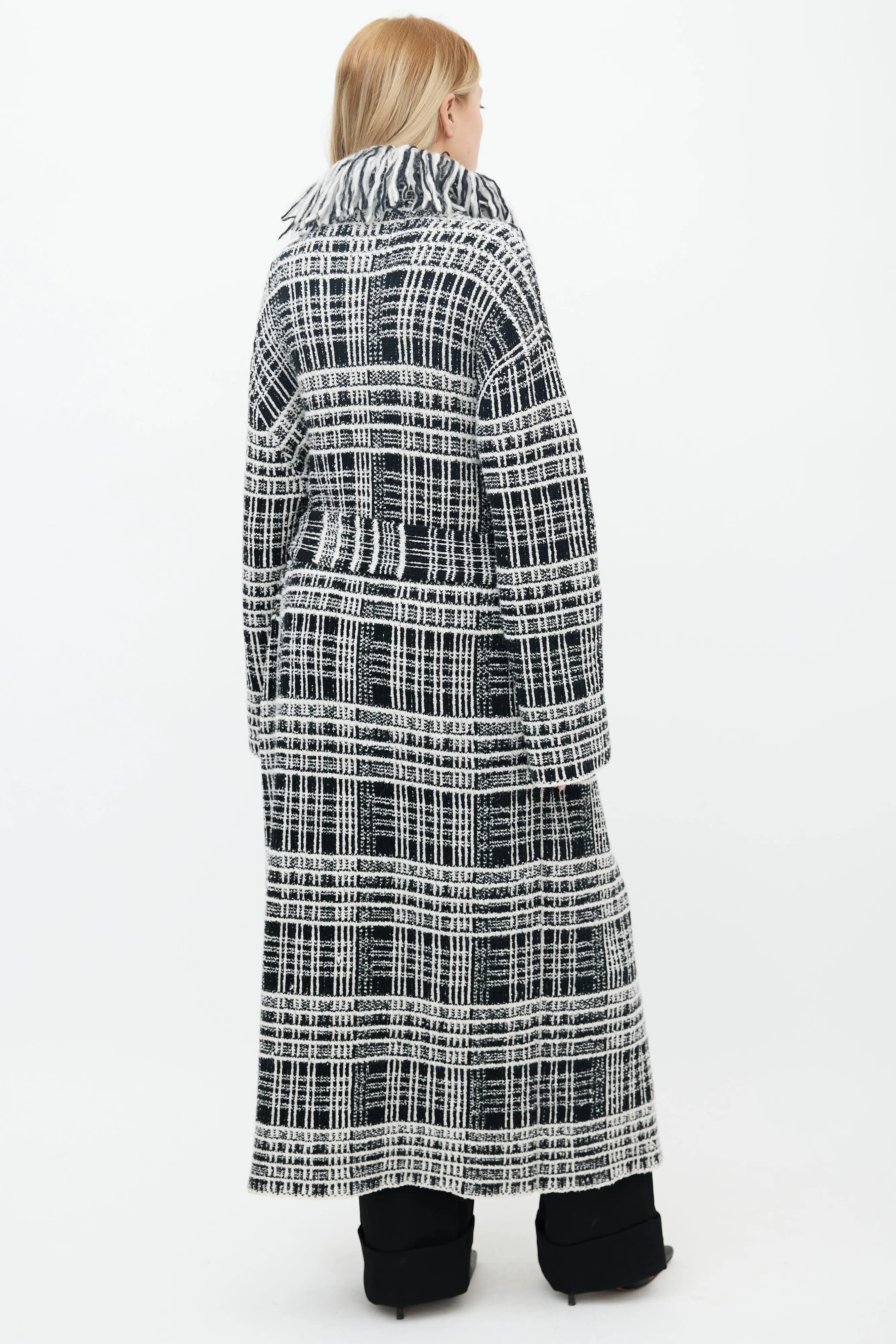 Black & White Tweed Fringe Belted Coat