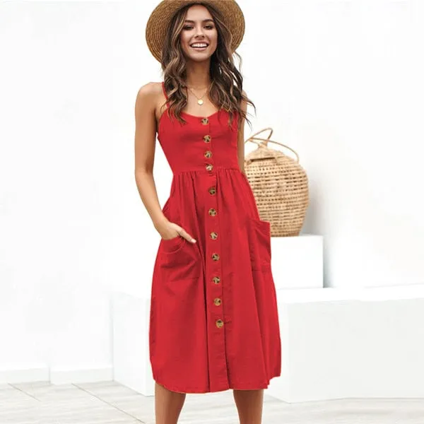 Boho Sexy Floral Dress Summer Vintage Casual Sundress Female Beach Dress Midi Button Backless