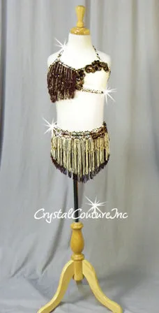 Brown/Ivory 2 Pc Halter Bra-Top and Beaded Fringed Skirt/Brief - Swarovski Rhinestones