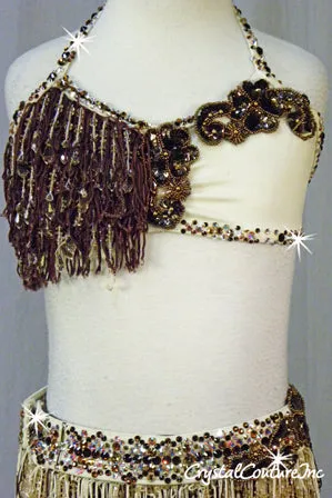 Brown/Ivory 2 Pc Halter Bra-Top and Beaded Fringed Skirt/Brief - Swarovski Rhinestones