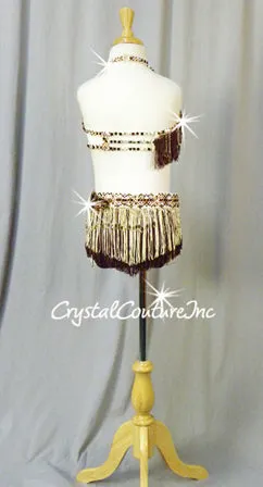 Brown/Ivory 2 Pc Halter Bra-Top and Beaded Fringed Skirt/Brief - Swarovski Rhinestones