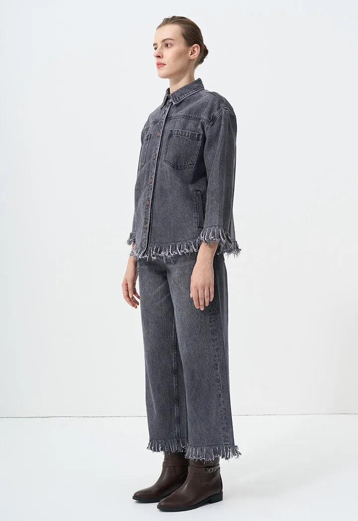 Choice Solid Long Sleeves Fringe Denim Jacket  Black