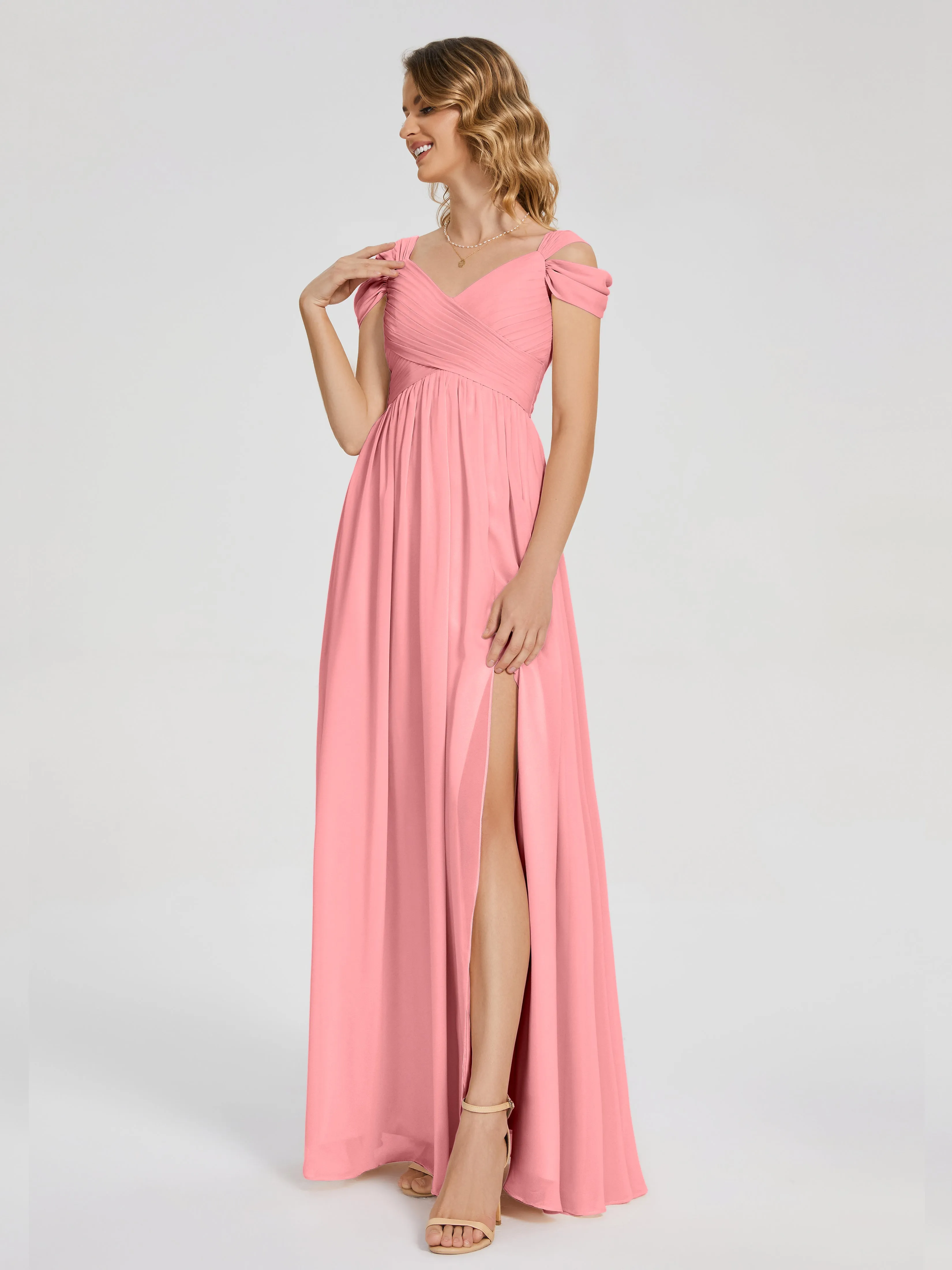 Flamingo Bridesmaid Dresses Charlee Flowy Split Chiffon Bridesmaid Dresses