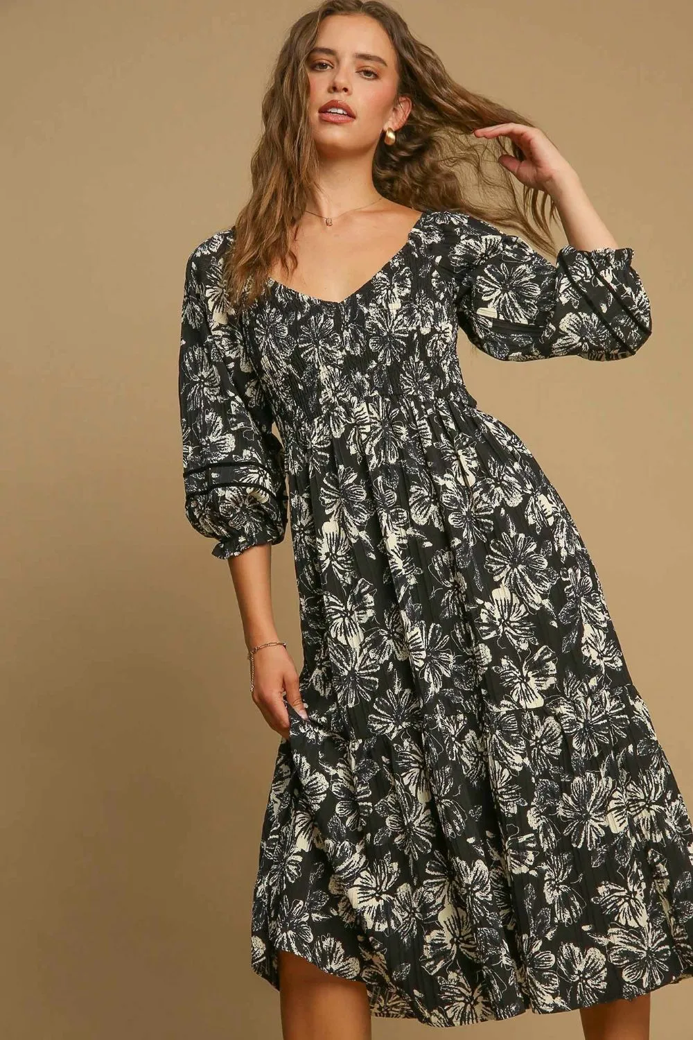 Floral Print Ruffle Hem V-Neck Midi Dress in Black