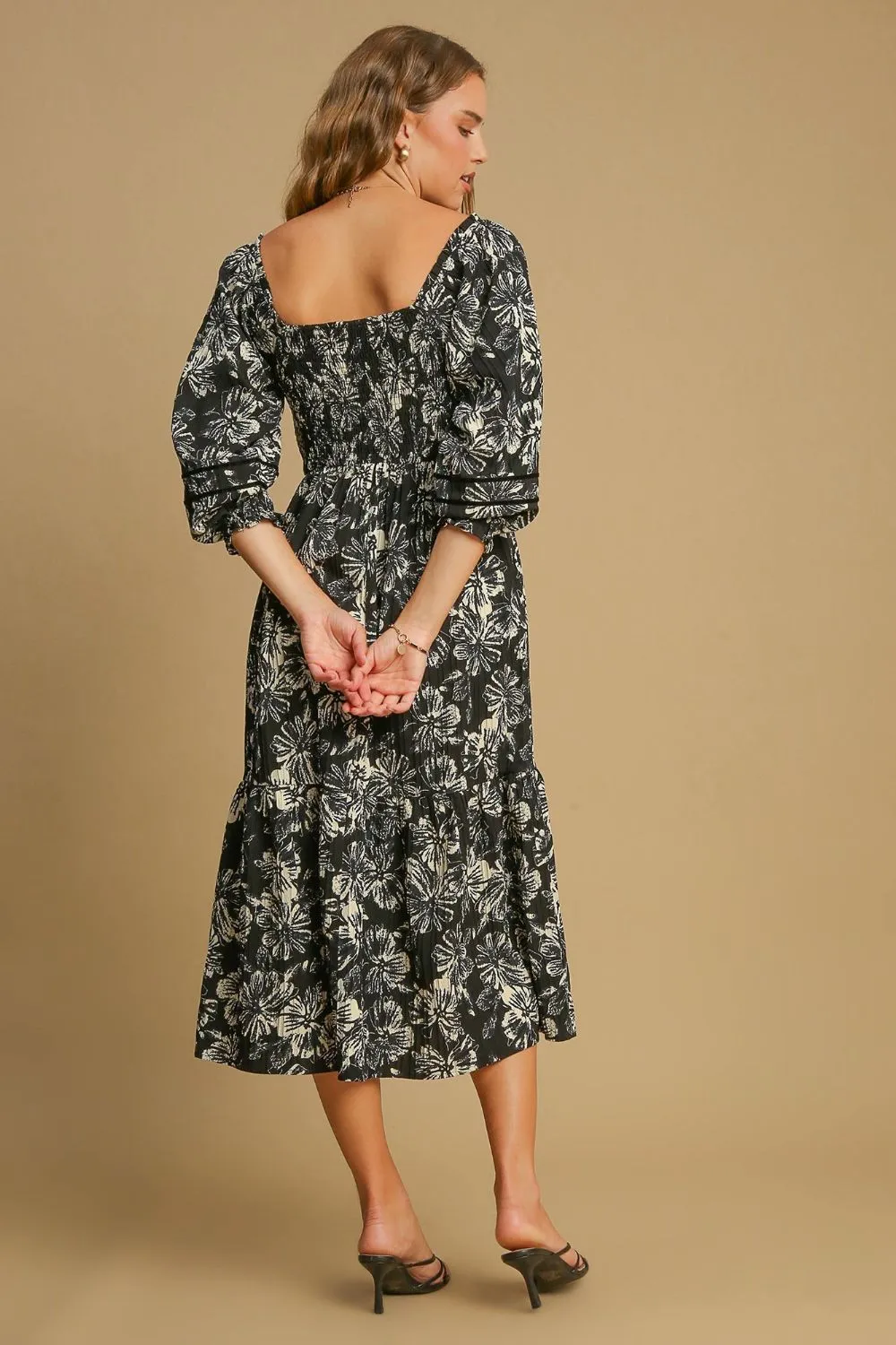Floral Print Ruffle Hem V-Neck Midi Dress in Black