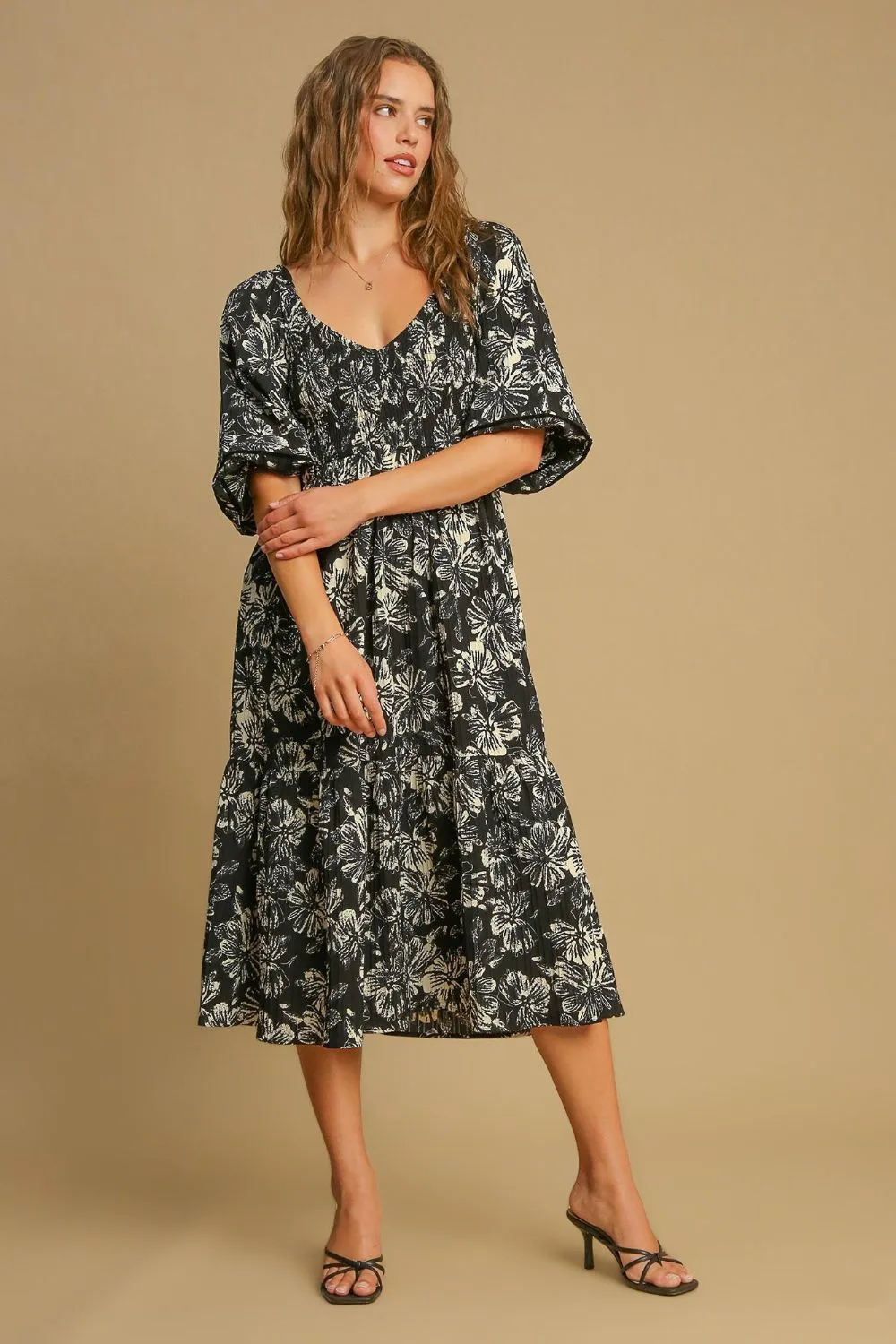 Floral Print Ruffle Hem V-Neck Midi Dress in Black