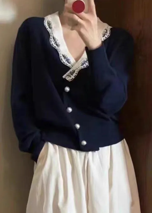 French Navy V Neck Button Patchwork Knit Coats Long Sleeve LY9770