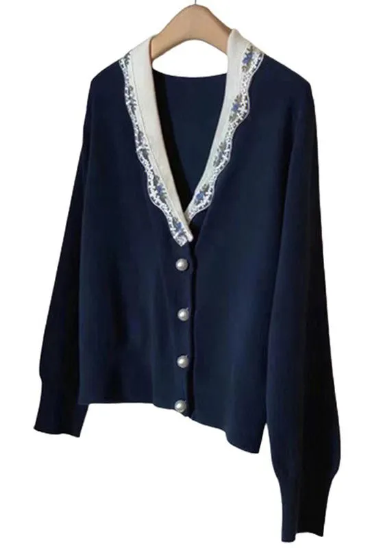 French Navy V Neck Button Patchwork Knit Coats Long Sleeve LY9770