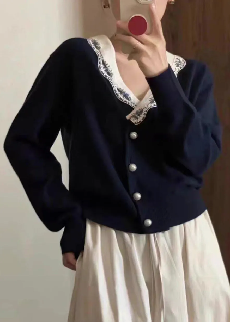 French Navy V Neck Button Patchwork Knit Coats Long Sleeve LY9770