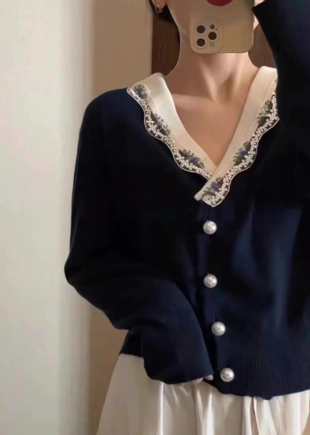 French Navy V Neck Button Patchwork Knit Coats Long Sleeve LY9770