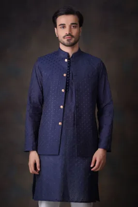 Navy Blue Cotton Sheer Kurta and Waistcoat Set.