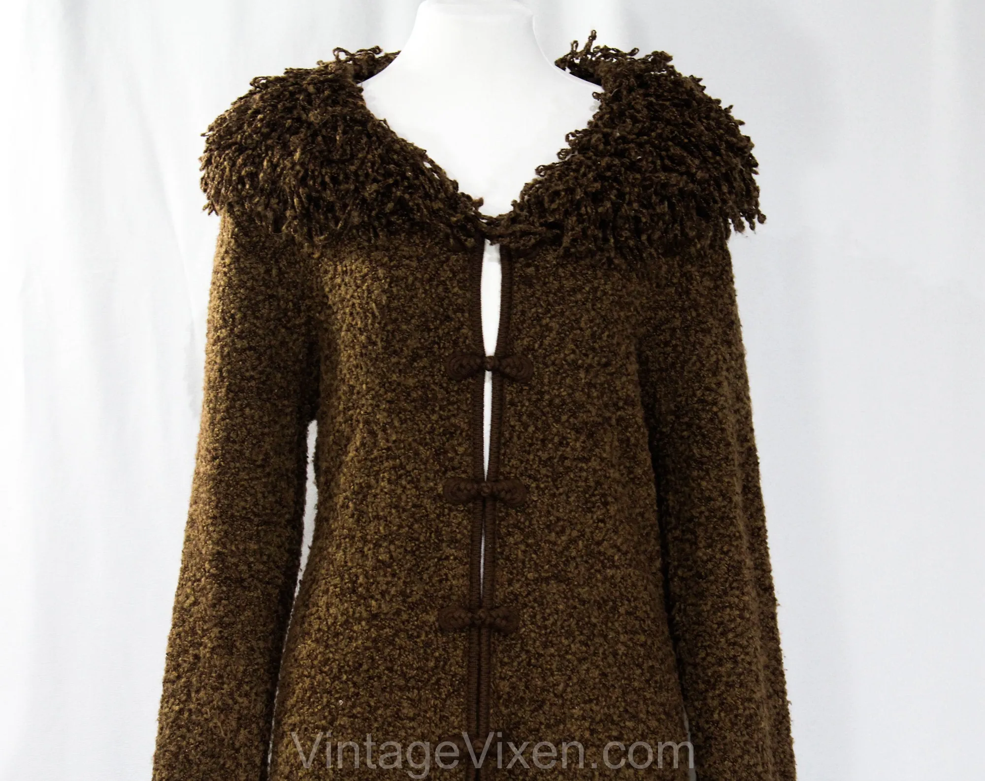 Size 8 Brown Sweater Coat - 1990s Boucle Knit Long Jacket - Knee Length Fall Winter Layer with Fluffy Chenille Collar & Cuffs - Bust 38