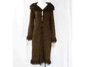 Size 8 Brown Sweater Coat - 1990s Boucle Knit Long Jacket - Knee Length Fall Winter Layer with Fluffy Chenille Collar & Cuffs - Bust 38