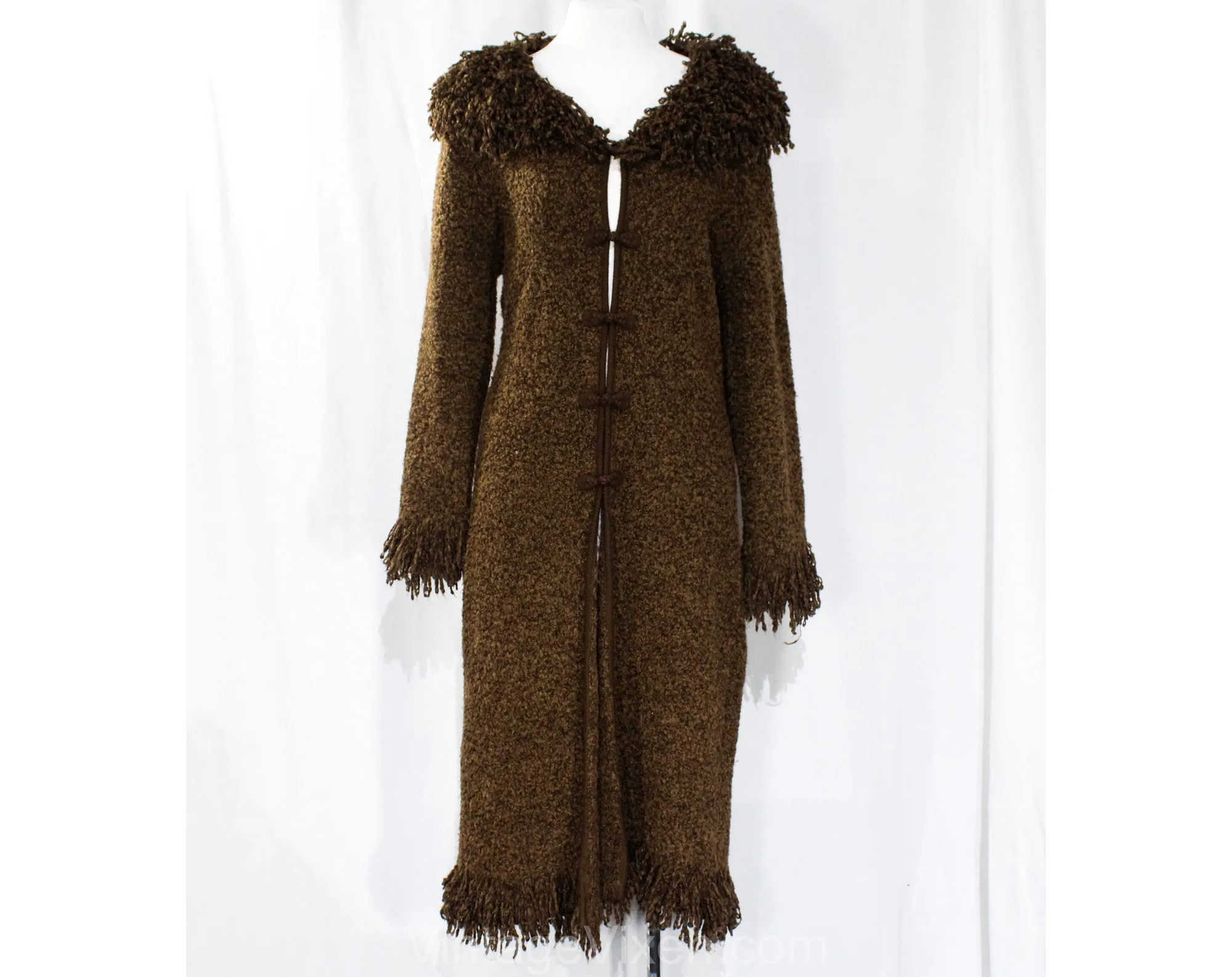 Size 8 Brown Sweater Coat - 1990s Boucle Knit Long Jacket - Knee Length Fall Winter Layer with Fluffy Chenille Collar & Cuffs - Bust 38
