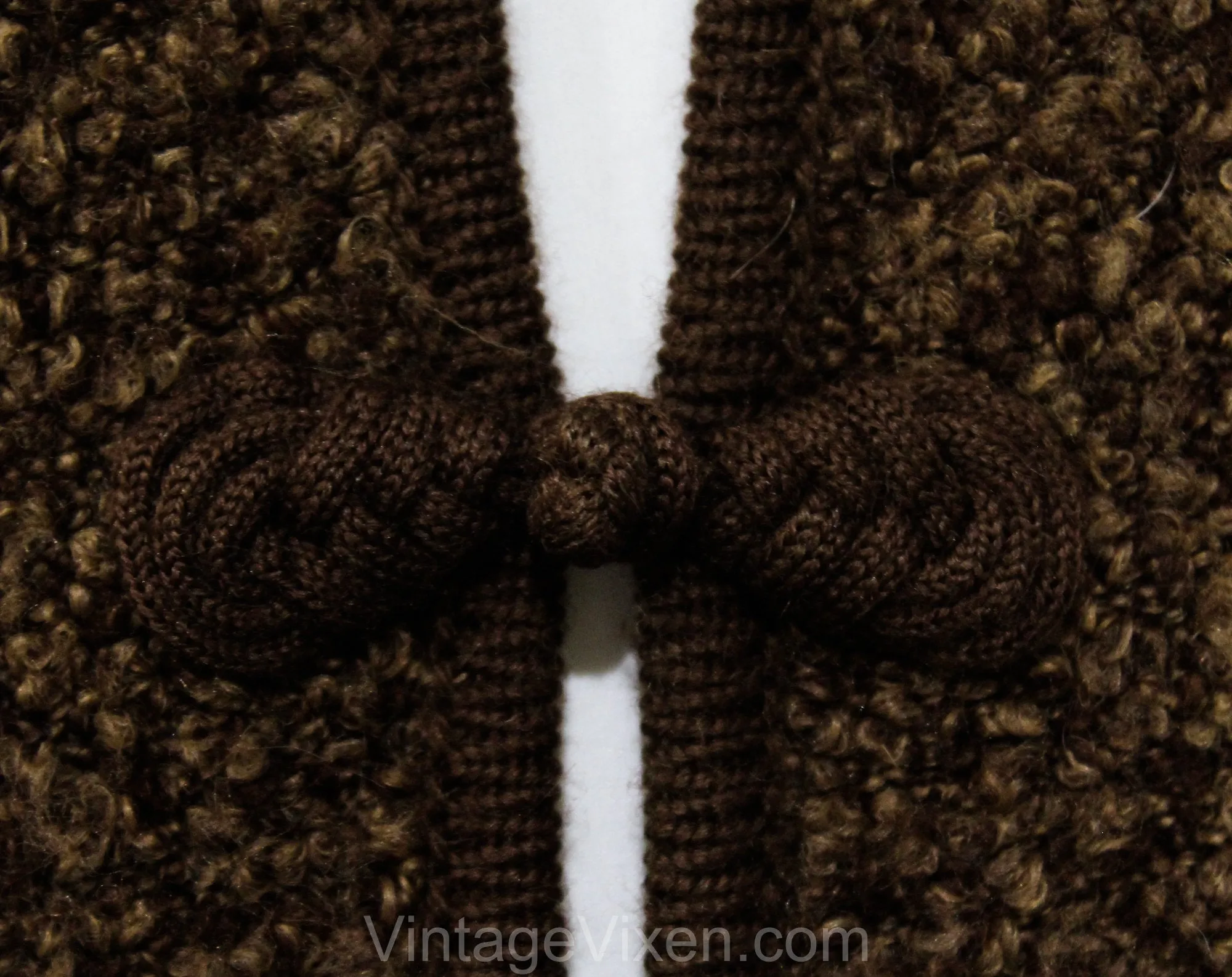 Size 8 Brown Sweater Coat - 1990s Boucle Knit Long Jacket - Knee Length Fall Winter Layer with Fluffy Chenille Collar & Cuffs - Bust 38