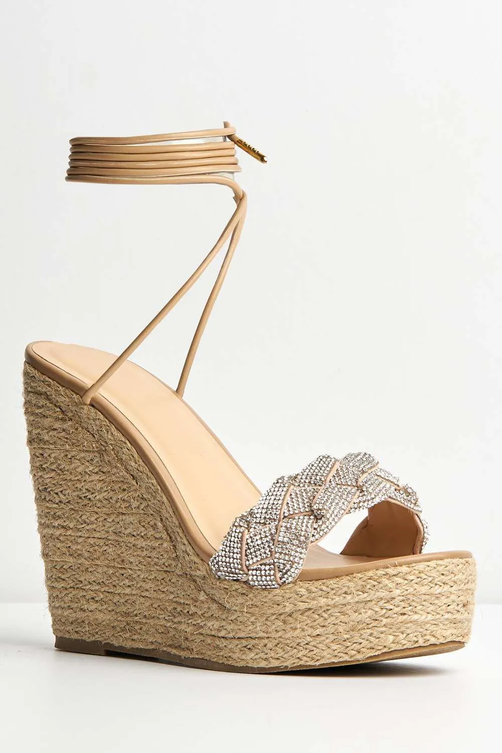 Sommi Espadrille Plaited detail Lace Up Wedge Sandals in Nude