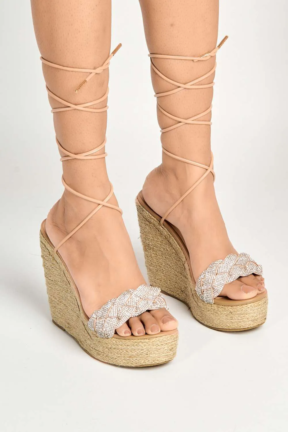 Sommi Espadrille Plaited detail Lace Up Wedge Sandals in Nude
