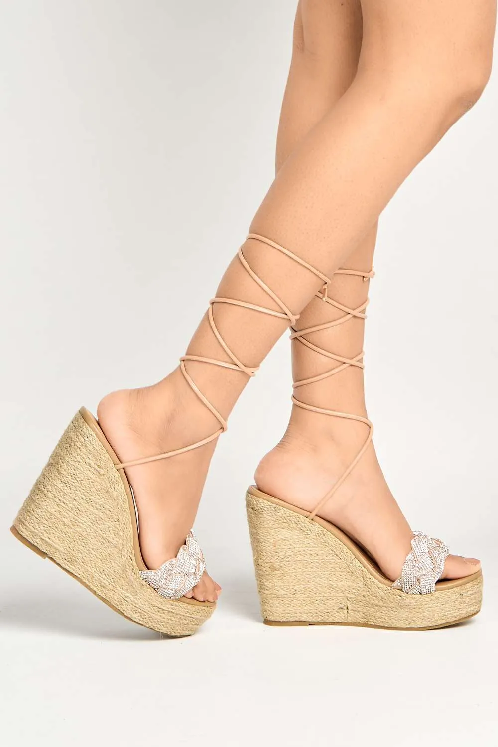 Sommi Espadrille Plaited detail Lace Up Wedge Sandals in Nude