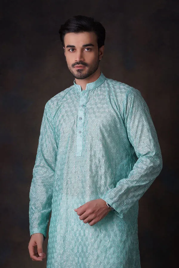 Turquoise Honeycomb Embroidered Cotton Sheer Kurta and Waistcoat Set.