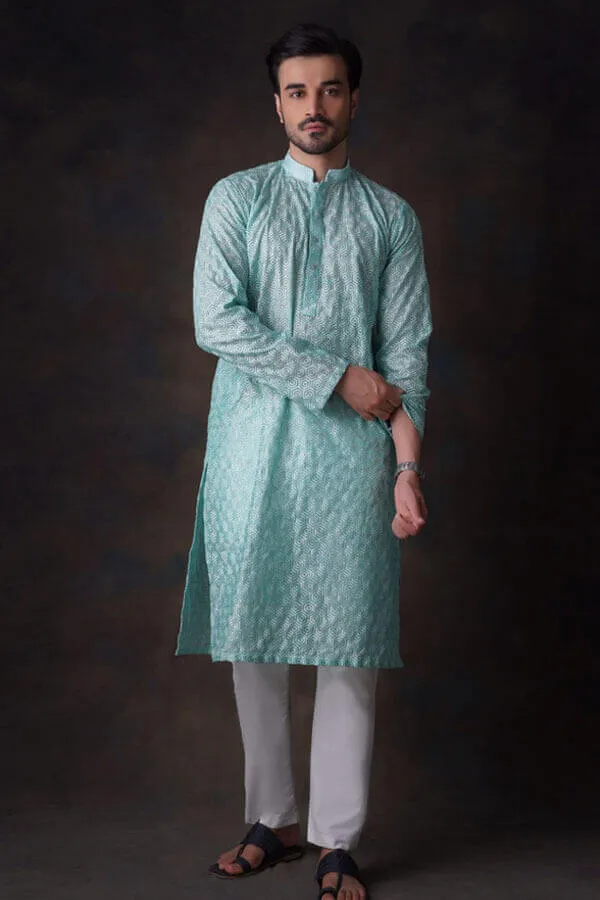 Turquoise Honeycomb Embroidered Cotton Sheer Kurta and Waistcoat Set.