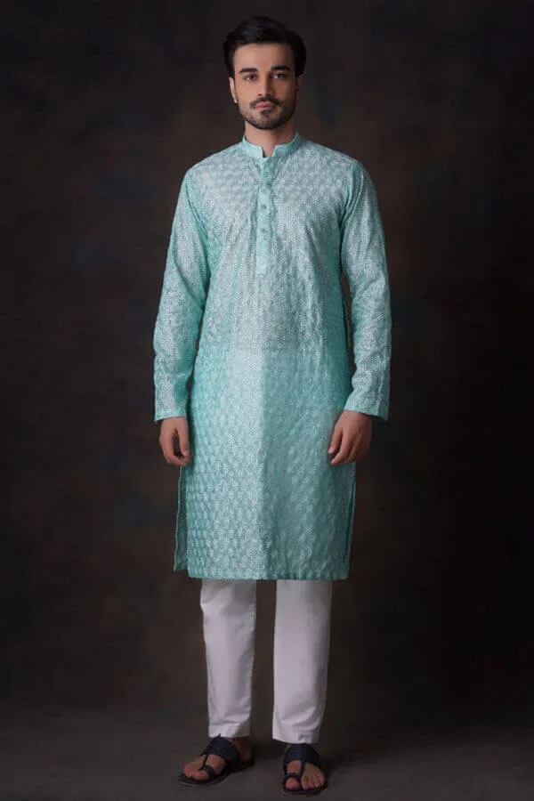 Turquoise Honeycomb Embroidered Cotton Sheer Kurta and Waistcoat Set.