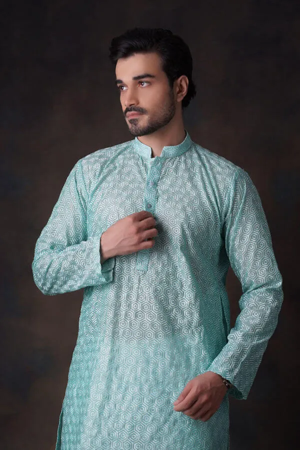 Turquoise Honeycomb Embroidered Cotton Sheer Kurta and Waistcoat Set.