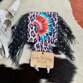 Western Headdress Leopard Fringe Koozie
