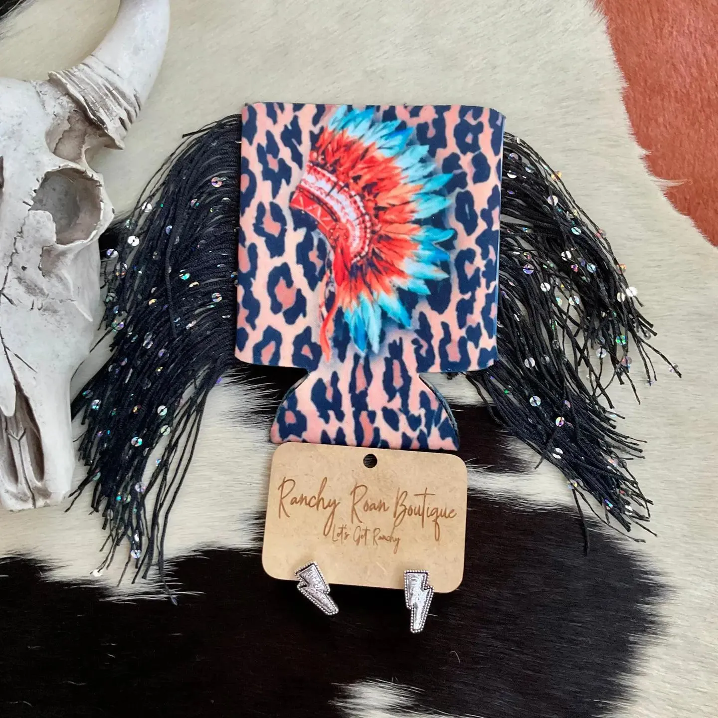 Western Headdress Leopard Fringe Koozie