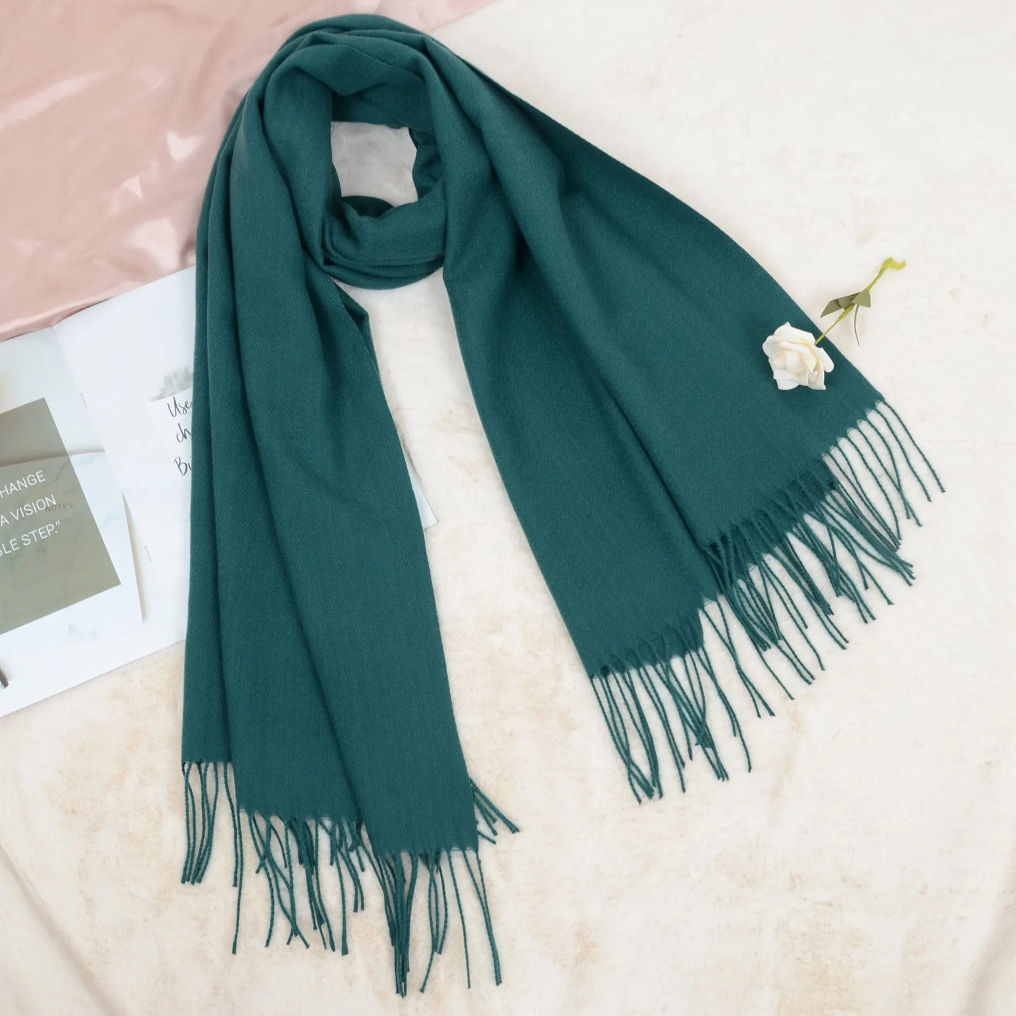 Women's Winter Cashmere Feel Scarf Solid Color Classic Fringe Shawls Wrap Scarves for Evening Dresses