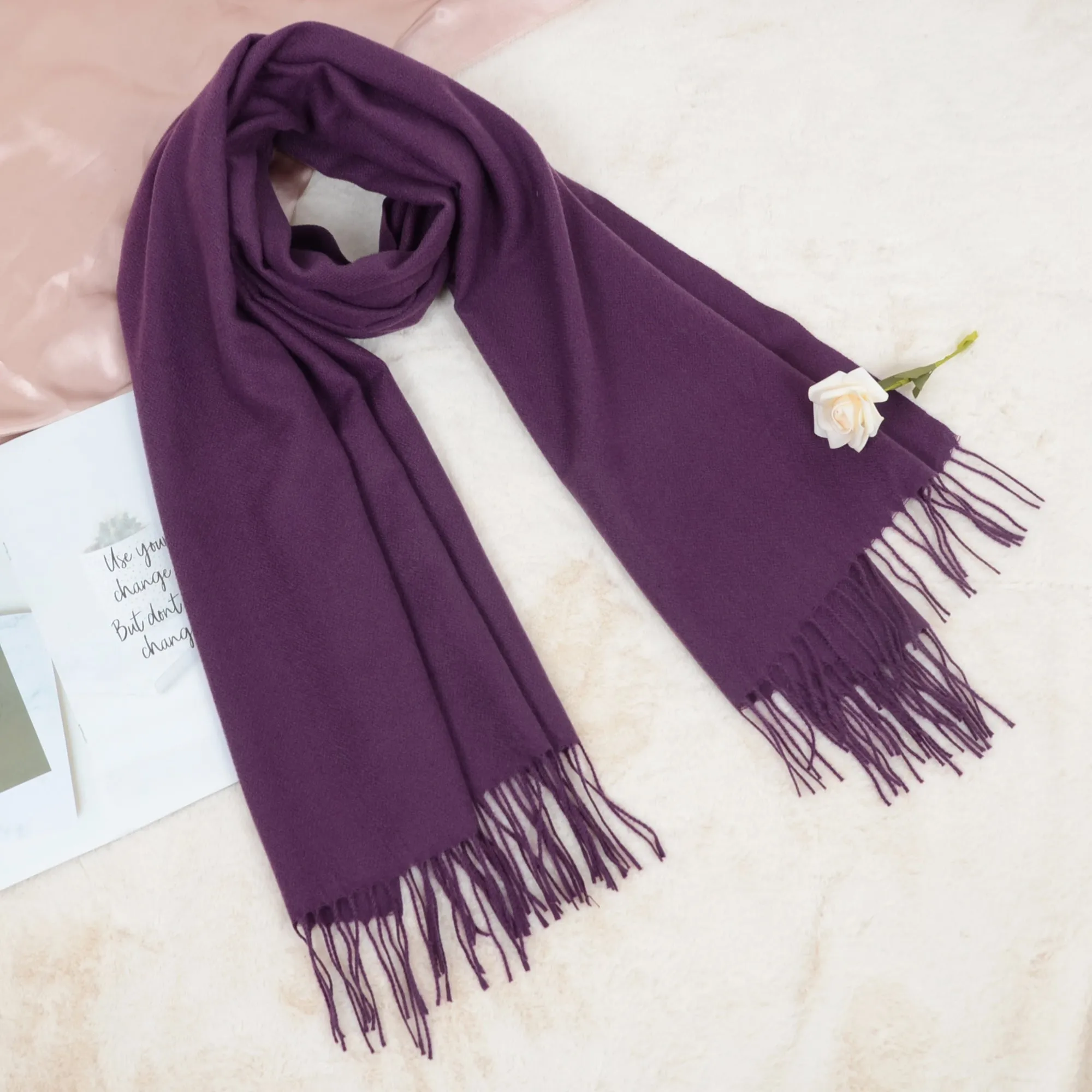 Women's Winter Cashmere Feel Scarf Solid Color Classic Fringe Shawls Wrap Scarves for Evening Dresses