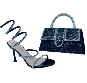 Yunai Strappy Rhinestone Spiral High Heels and Twisted Rope Handle Bag Set