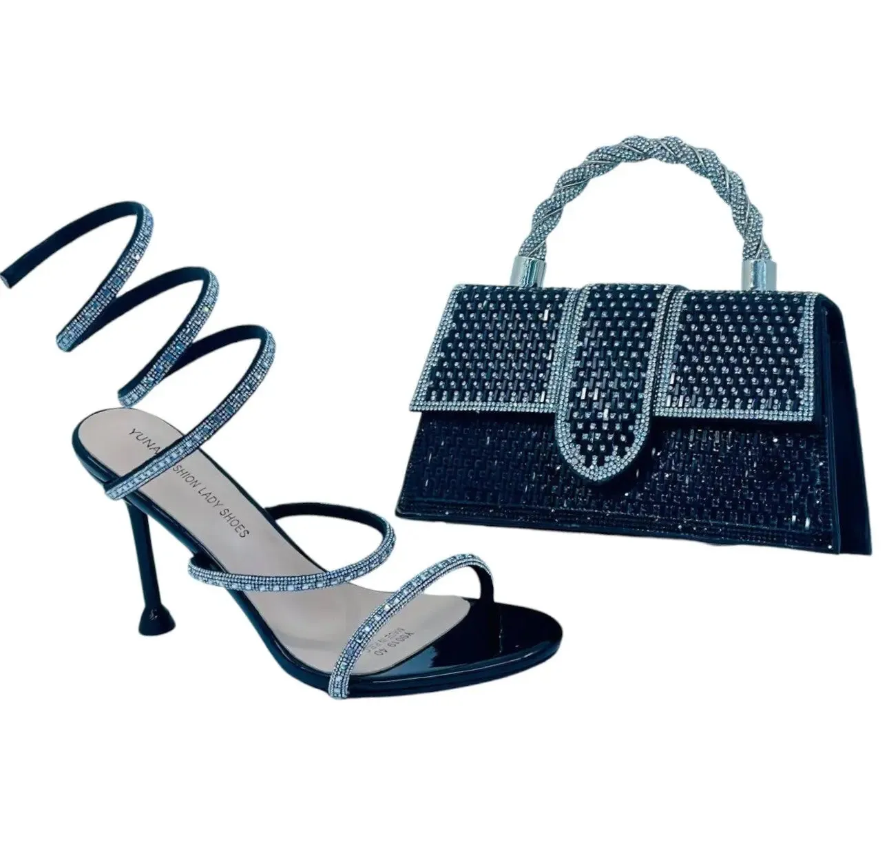 Yunai Strappy Rhinestone Spiral High Heels and Twisted Rope Handle Bag Set